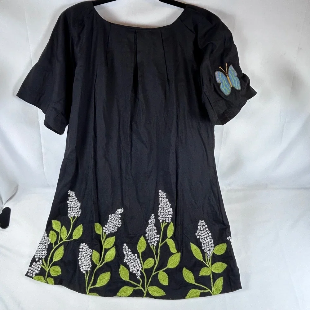 Black Floral Embroidered Butterfly Women's Artsy Chic Boho Spring Dress Sz. L - Picture 12 of 12